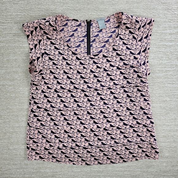 Charlotte Russe Bird Top Womens Small Pink Blue Pleated Back Zipper Round Neck - Picture 1 of 13